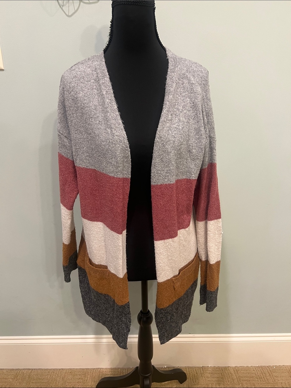 Open-Front Striped Colorblock Cardigan Sweater - Gray, Rose, Cream, Tan